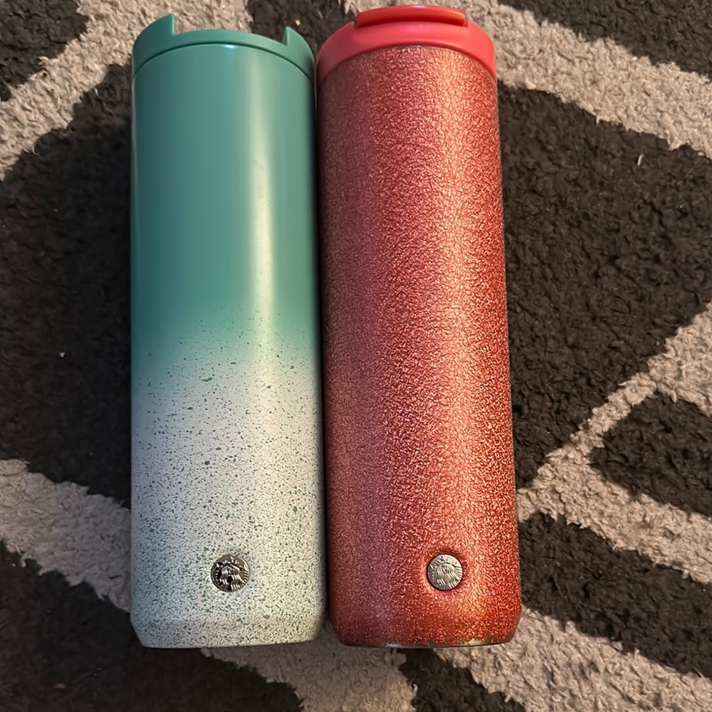 Teal and Pinkish Red Glitter Tumbler Set (Starbucks)